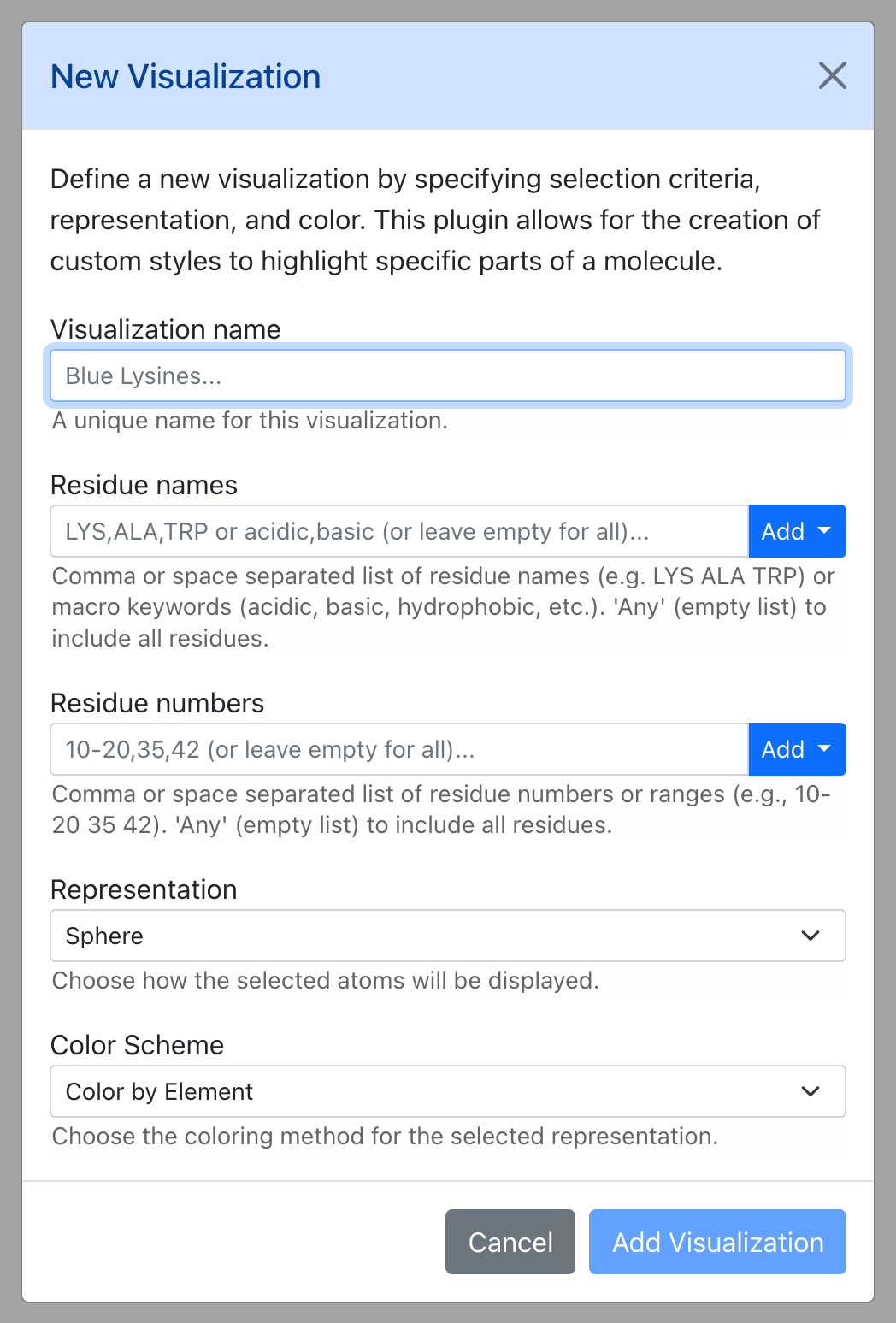Dialog for New Visualization