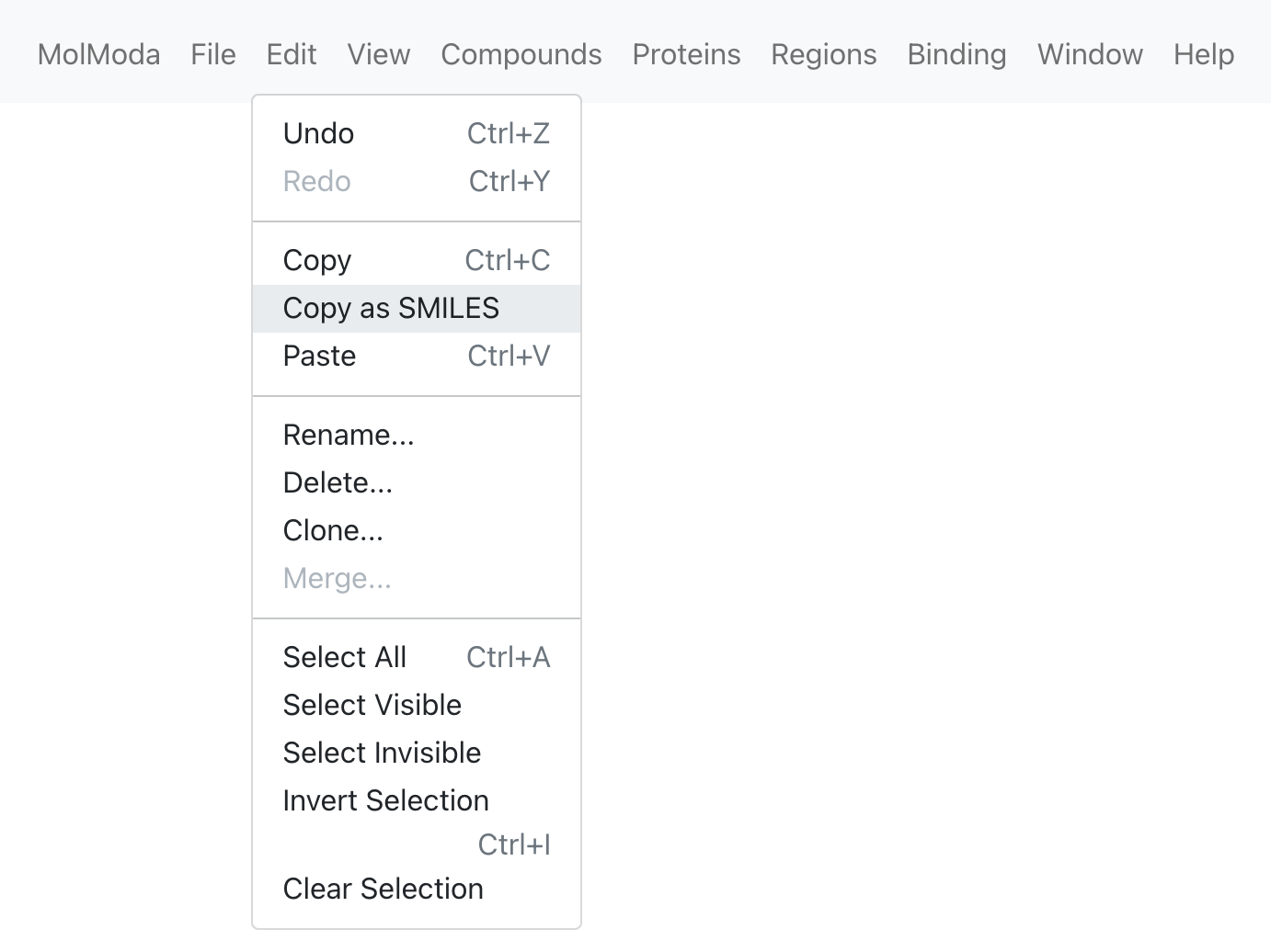 Menu location for Copy SMILES to Clipboard
