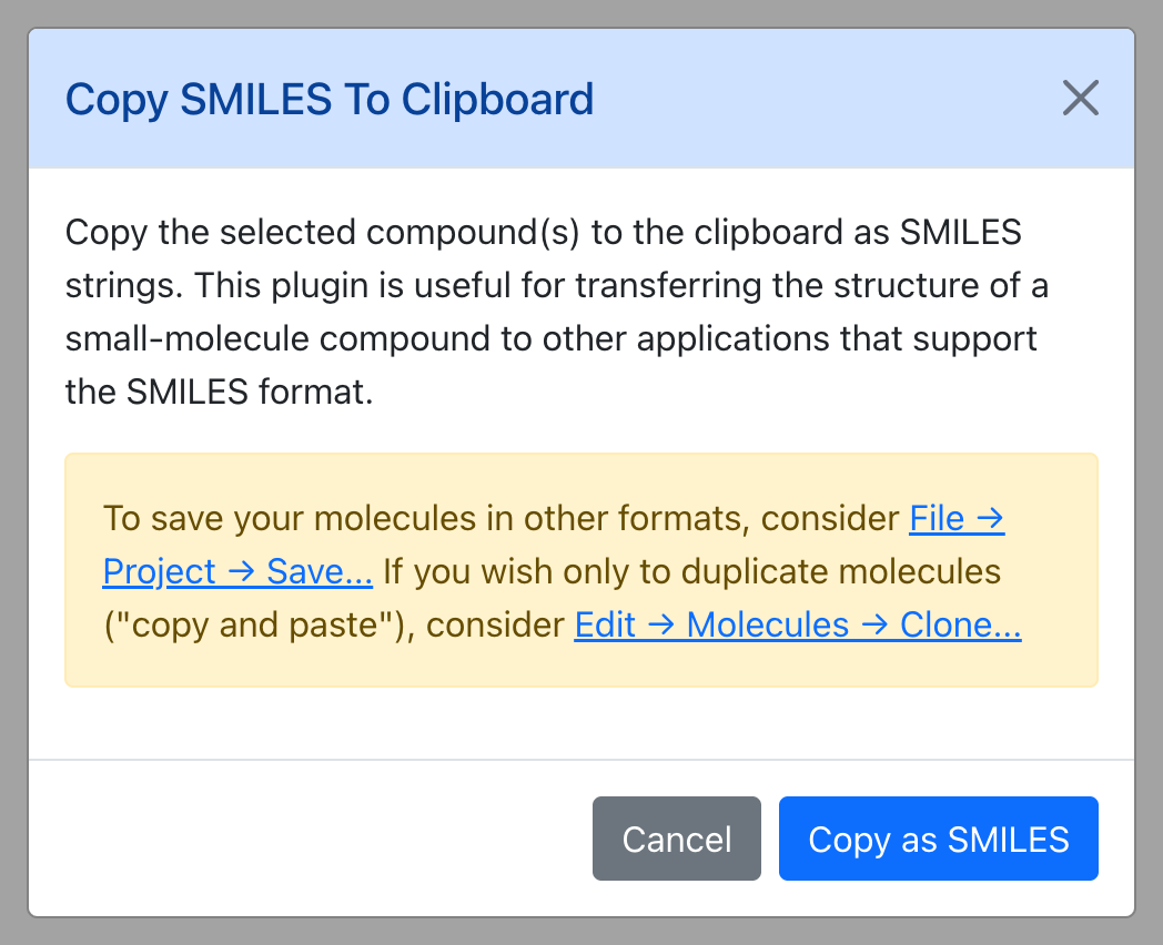 Dialog for Copy SMILES to Clipboard