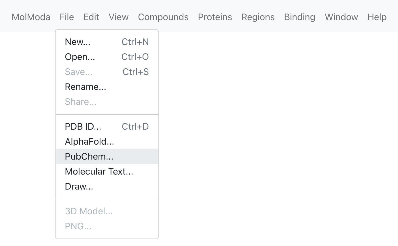 Menu location for Load Molecule from PubChem