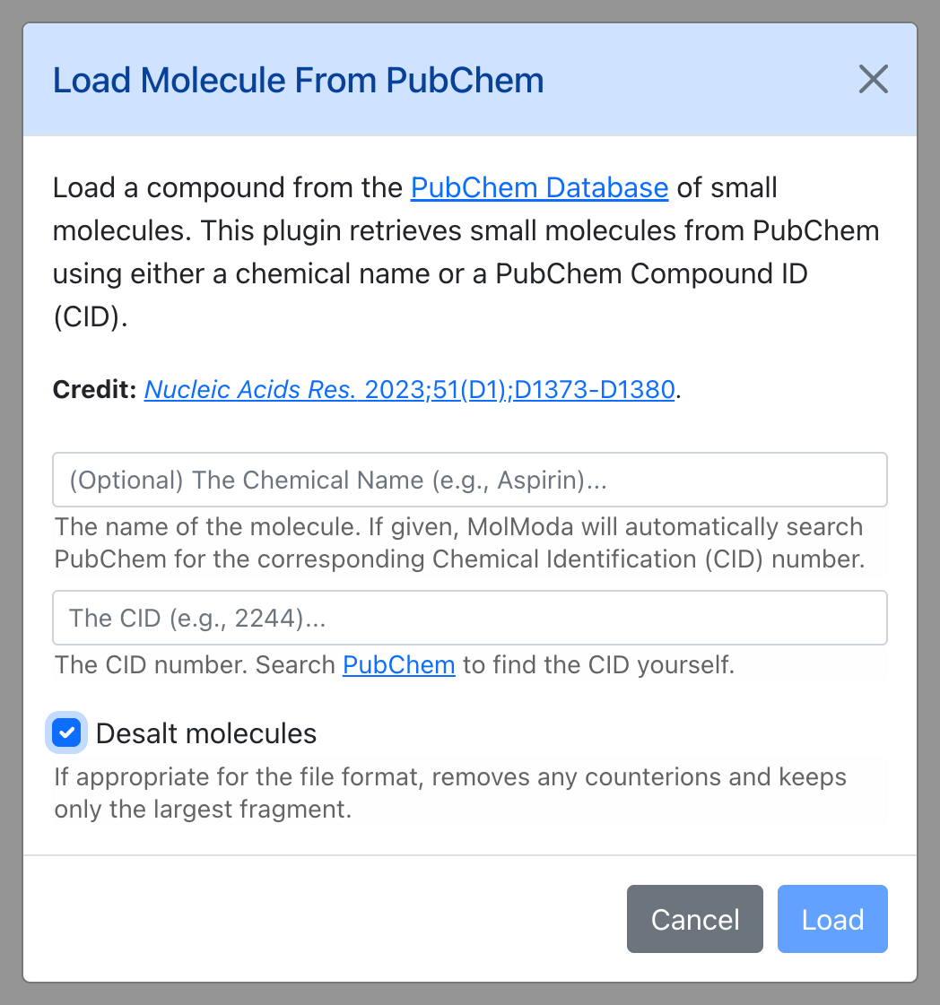 Dialog for Load Molecule from PubChem