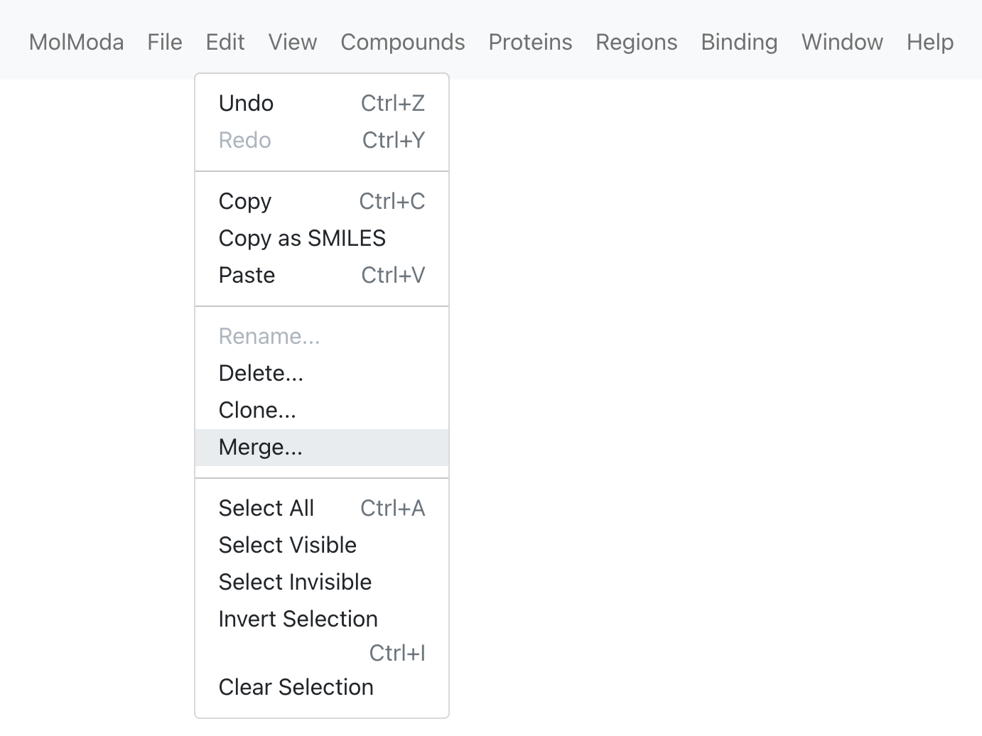 Menu location for Merge Molecules