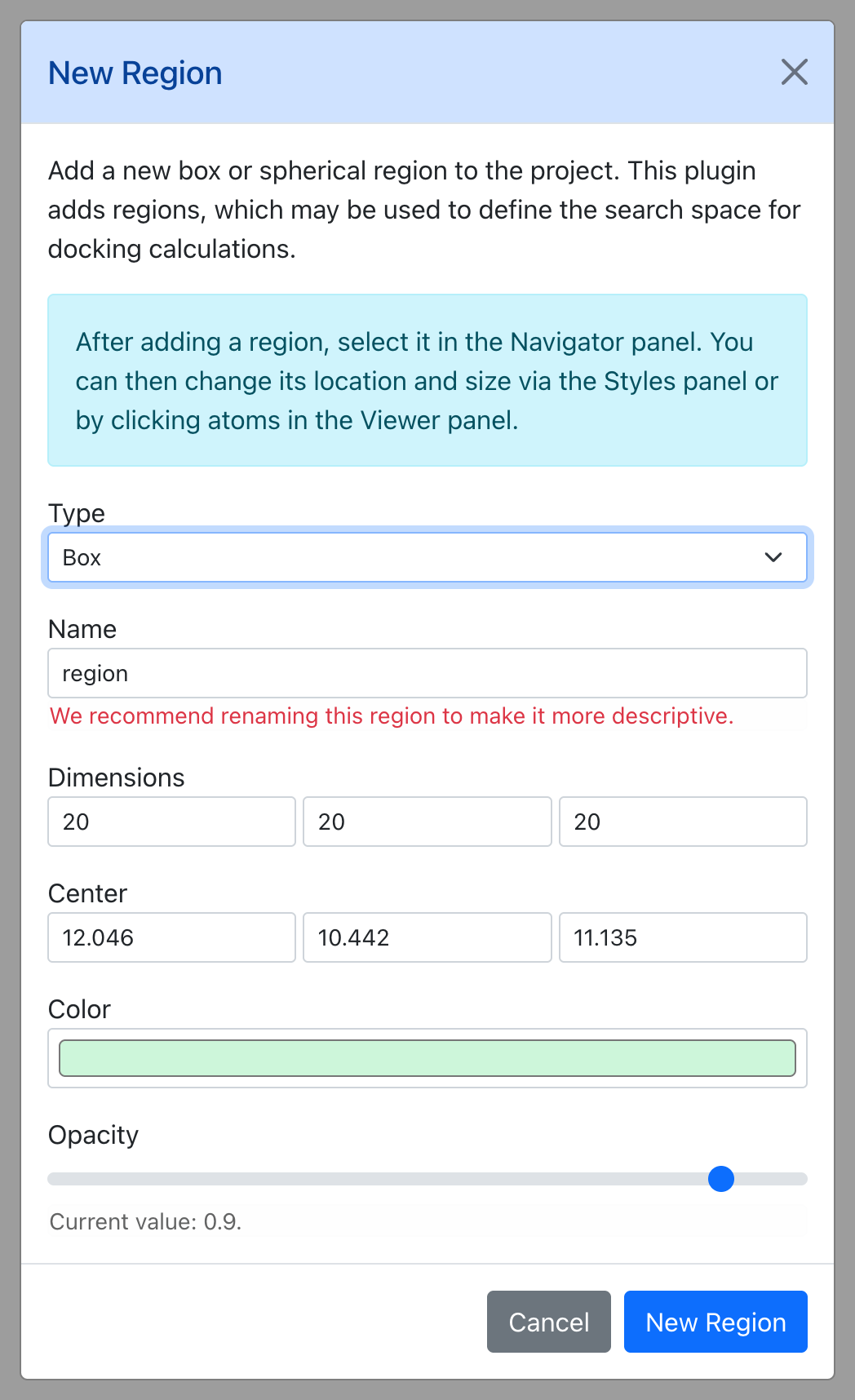 Dialog for New Region