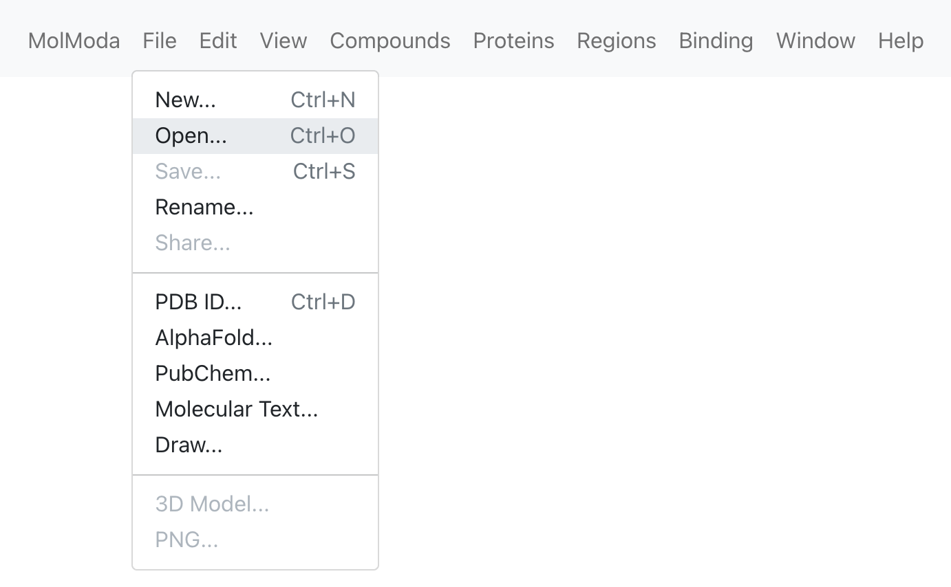 Menu location for Open Molecule Files