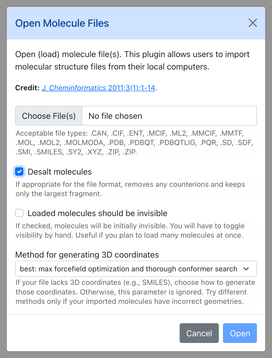 Dialog for Open Molecule Files