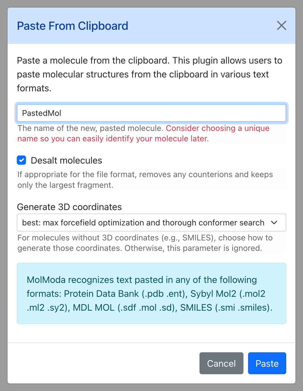 Dialog for Paste from Clipboard