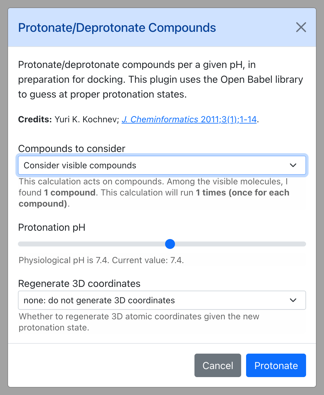 Dialog for Protonate/Deprotonate Compounds