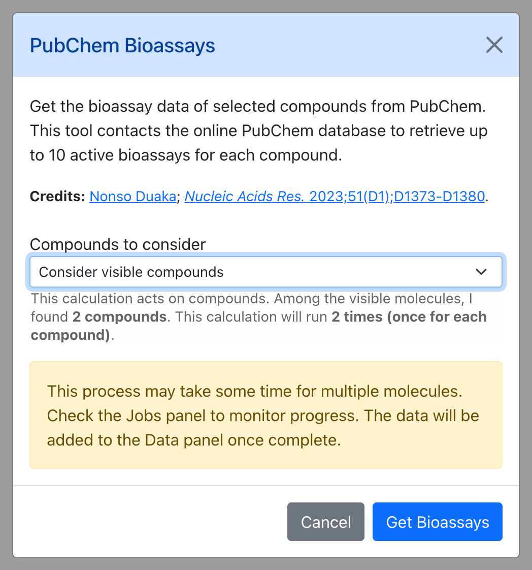 Dialog for PubChem Bioassays