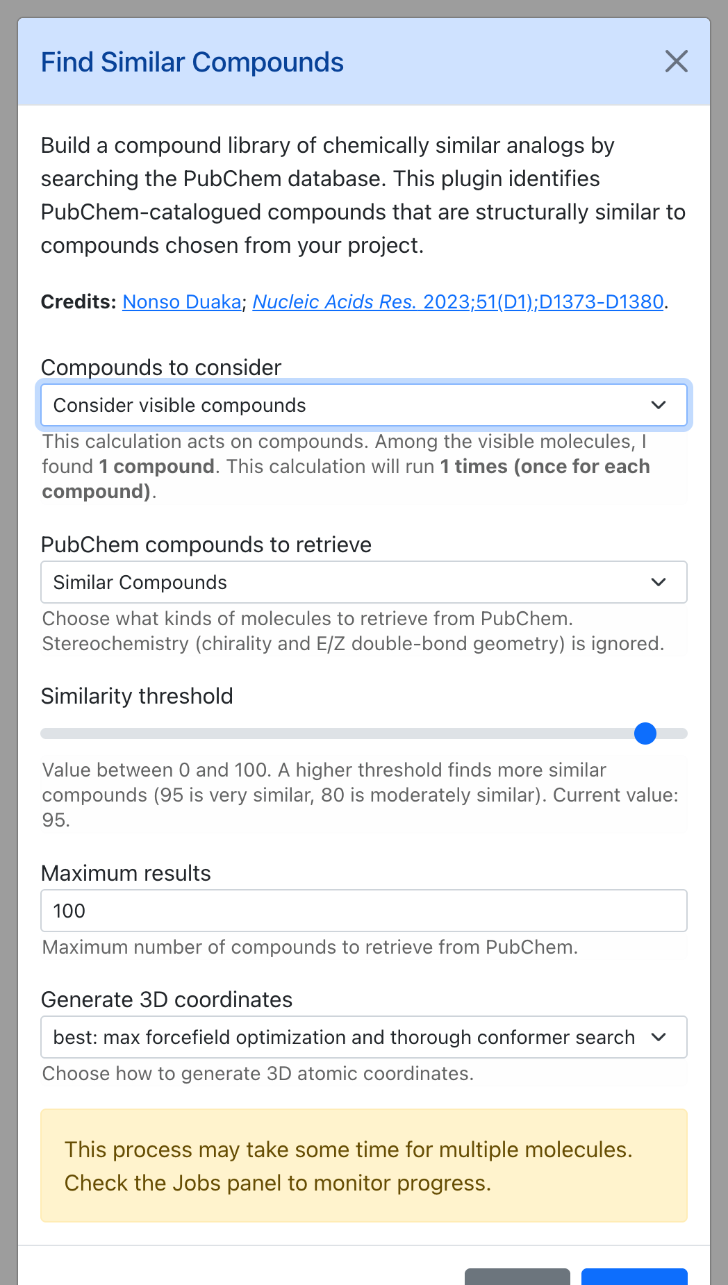 Dialog for Find Similar Compounds