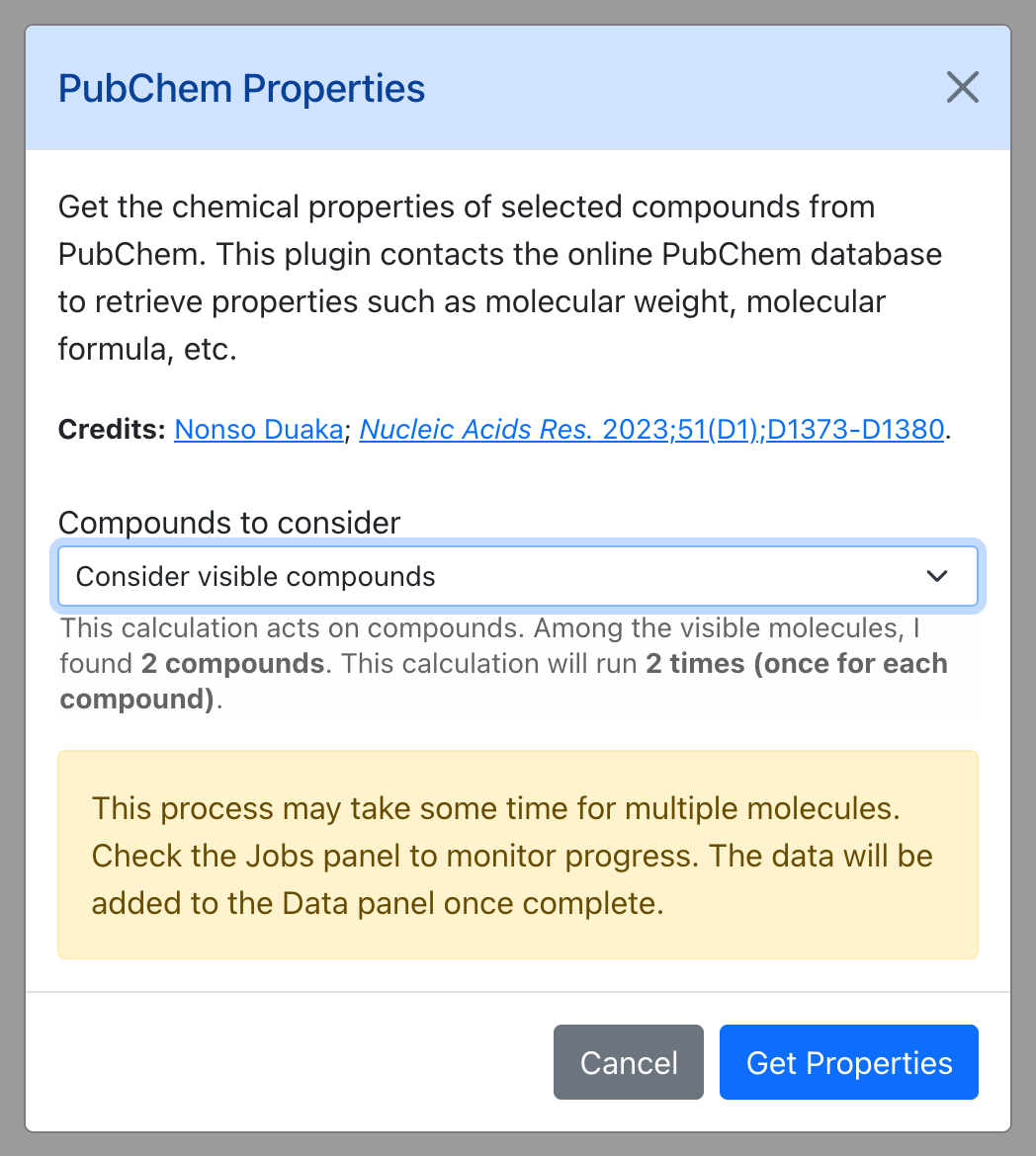 Dialog for PubChem Properties